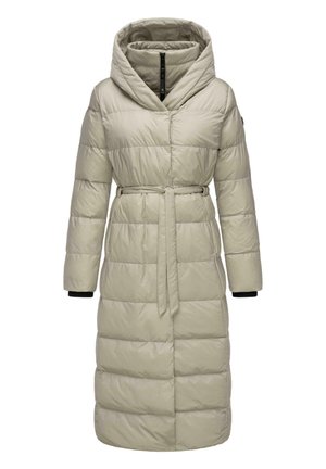 Padded coat in light beige with a hood and belted waist. Features a quilted design, long sleeves, and black ribbed cuffs.