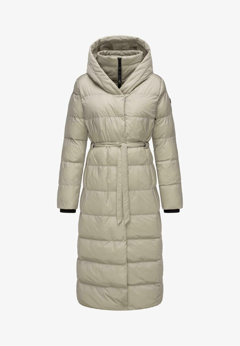Padded coat in light beige with a hood and belted waist. Features a quilted design, long sleeves, and black ribbed cuffs.