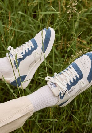 Witte en blauwe sneakers gedragen met witte sokken op benen die rusten in hoog groen gras buiten.