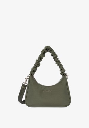 Borsa a spalla verde oliva con manico in tessuto arricciato, zip metallica, texture liscia, branding sottile e forma strutturata.