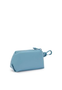 Blue leather pouch with a rectangular shape, zip closure, and a small clip. Smooth texture with stitched accents.