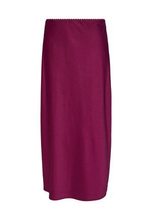 Burgundy, knee-length skirt made of smooth, lightweight fabric with a scalloped waistband, featuring a straight cut and no pockets.