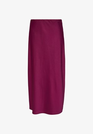 Burgundy, knee-length skirt made of smooth, lightweight fabric with a scalloped waistband, featuring a straight cut and no pockets.