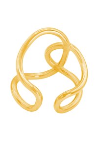 Bague en fil doré avec des boucles entrelacées ; texture lisse, formes arrondies et épaisseurs variées tout au long du design.
