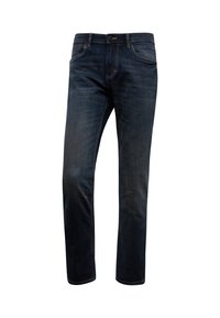 Jeans de mezclilla azul oscuro con un diseño de pierna recta, que cuentan con cinco bolsillos, un cierre de botón y un ligero efecto de desgaste en la tela.