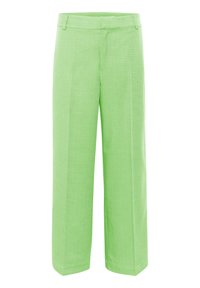 Lichtgroene wijde broek van gestructureerde stof; heeft een vlakke voorkant, riemlussen en geen zichtbare hardware.