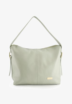 Light green leather handbag with a textured finish, featuring a gold zipper and a detachable shoulder strap. Logo plate on the front.