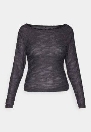 Long-sleeve top in dark gray with a textured, ribbed design. Features a wide neckline and fitted silhouette, made from lightweight material.