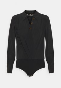 Schwarzer Body mit langen Ärmeln, hohem Kragen und goldenen Knopfakzenten. Verfügt über ein plissiertes Frontdesign und eine glatte Textur.