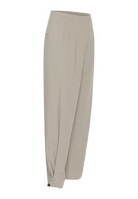 Béžové kalhoty s tapered střihem, záhyby, bočními kapsami a nabranými manžetami. Vyrobené z lehkého materiálu s hladkou texturou.