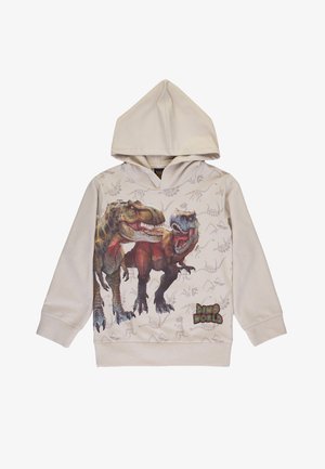 Felpa con cappuccio beige che presenta un graphic di un dinosauro sul davanti, con leggere motivi di fossili e il testo "Dino World" in verde e rosso.