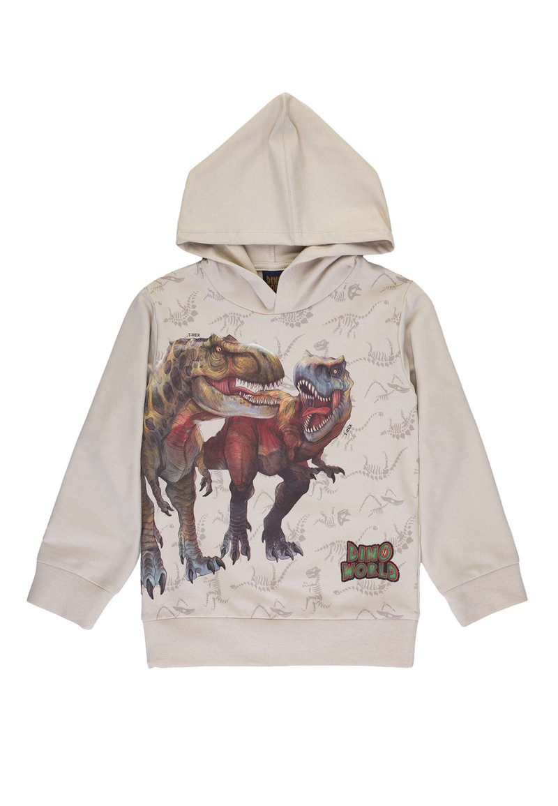 Felpa con cappuccio beige che presenta un graphic di un dinosauro sul davanti, con leggere motivi di fossili e il testo "Dino World" in verde e rosso.