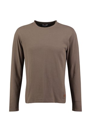 Langärmliges braunes T-Shirt aus einem glatten, weichen Stoff mit Rundhalsausschnitt und einem kleinen Logo-Tag am Saum. Schlichtes Design, keine Muster.