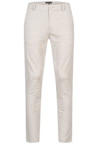 Pantalon beige coupe slim avec boutonnière, passants pour ceinture et poches avant, présenté sur un fond blanc.