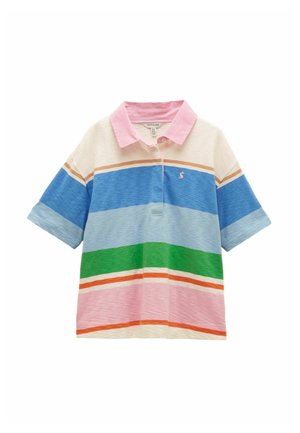 Kurzärmeliges Poloshirt mit pinkem Kragen, horizontalen Streifen in Creme, Blau, Grün, Pink und Orange sowie kleinem pinkem, gesticktem Logo auf der Brust.