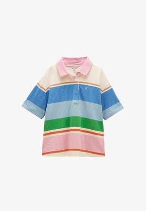 Trumpomis rankovėmis polo marškinėliai su rožinės spalvos apykakle, horizontaliomis kreminės, mėlynos, žalios, rožinės ir oranžinės spalvų juostelėmis bei mažyčiu rožinės spalvos siuvinėtu logotipu ant krūtinės.