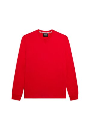 Sudadera roja de manga larga con cuello redondo, puños acanalados y etiqueta de marca en el interior del cuello.