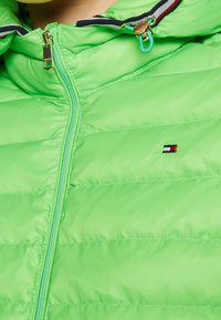 Groene donzen jas met een volledige rits, voorzien van horizontale stiksels, lichtgewicht stof en een klein logo in de linkerbovenhoek.