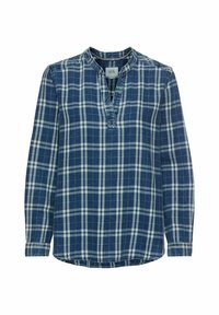 Marineblau kariertes Langarmhemd mit einem Schalkragen, das weiße und hellblaue Karomuster aufweist und aus einem weichen, gewebten Stoff gefertigt ist.