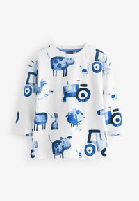 Weißes Langarmshirt mit blauen Illustrationen von Kühen, Traktoren und anderen Farmtieren. Aus weicher Baumwolle mit Rundhalsausschnitt gefertigt.