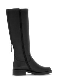 Bottes noires jusqu'aux genoux en matériau synthétique lisse, avec une fermeture éclair latérale prononcée et un petit talon carré. Design simple sans embellissements.