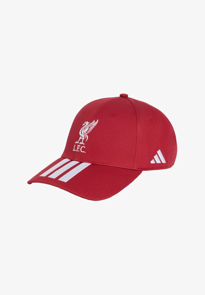 Червена бейзболна шапка с бял лого на ливърпулския птици Liver bird, три бели райета на козирката и бял лого на Adidas отстрани.