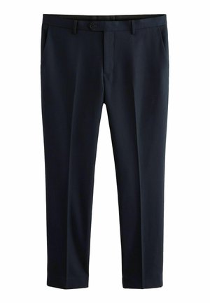 Pantalons marine en tissu lisse, avec une coupe régulière, des poches latérales, une fermeture à un bouton et un devant plat.