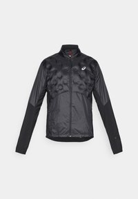 Schwarze isolierte Jacke mit gestepptem Vorderteil, glatten Ärmeln, Stehkragen und vollem Reißverschluss mit einem roten Zugband. Logo auf der oberen linken Seite.
