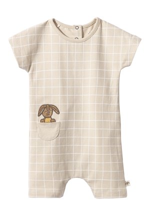 Beiger Baby-Strampler mit kurzen Ärmeln, weißem Gittermuster und einer kleinen Tasche mit einem aufgenähten braunen Hasen, der ein gelbes, gepunktetes Herz hält.