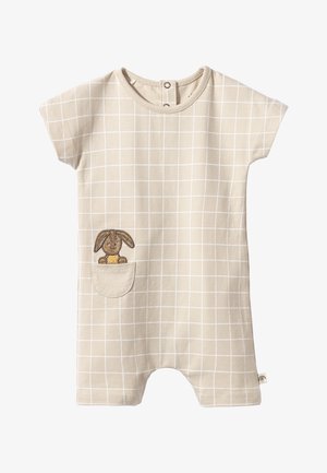 Beige babyheldragt med korte ærmer med hvidt ternmønster og en lille lomme med en påsyet brun kanin, der holder et gult hjerte med prikker.
