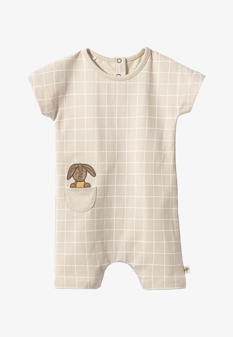 Barboteuse beige manches courtes pour bébé avec motif quadrillé blanc et une petite poche avec un lapin brun cousu tenant un cœur jaune à pois.