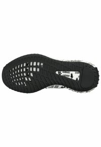 Suola in gomma nera con un motivo testurizzato, caratterizzata da dettagli bianchi e stampa sulla parte superiore. Design piatto, progettato per la trazione.