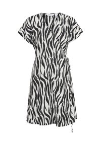 Schwarzes und weißes Zebra-Muster Wickelkleid mit kurzen Ärmeln, V-Ausschnitt, Bindeband in der Taille und einem ausgestellt geschnittenen Rock. Hergestellt aus leichtem Stoff.