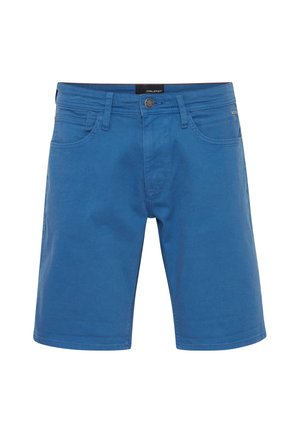 Pantalones cortos azules para hombre hasta la rodilla con botón frontal, cremallera, trabillas para cinturón y dos bolsillos delanteros.