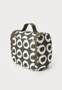 Green and white patterned toiletry bag, rectangular shape, features a top handle and double zipper closure, made from durable material.