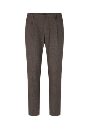 Pantaloni a quadri marroni con vestibilità su misura, dotati di chiusura con bottone, pieghe frontali e una texture di tessuto liscia. Design strutturato alla caviglia.
