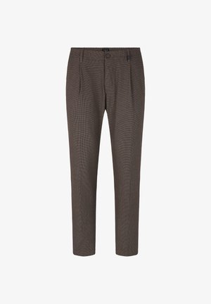 Braun karierte Hose mit tailliertem Schnitt, ausgestattet mit einem Knopfverschluss, vorderen Falten und einer glatten Stoffbeschaffenheit. Strukturierter, knöchellanger Schnitt.
