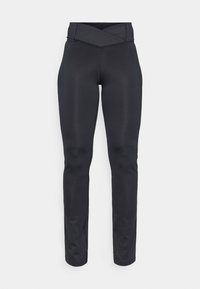 High-waist black athletic leggings with a crossover waistband and seamless slim fit, designed for exercise or casual wear.