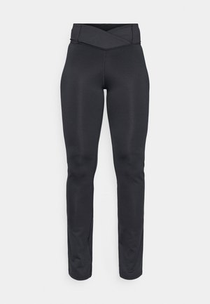 Kõrge vöökoht mustad sportlikud legginsid, millel on ristvöö ja sujuv slim fit, mõeldud treeninguks või igapäevaseks kandmiseks.