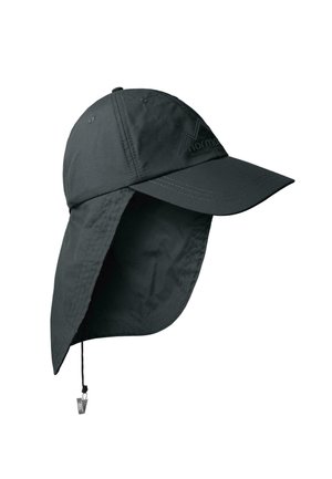Dunkelgraue Outdoor-Kappe mit verlängertem Nackenschutz und verstellbarem Kinnriemen für Sonnenschutz bei Outdoor-Aktivitäten.