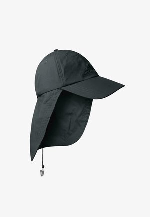 Dunkelgraue Outdoor-Kappe mit verlängertem Nackenschutz und verstellbarem Kinnriemen für Sonnenschutz bei Outdoor-Aktivitäten.