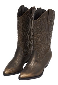 Stivali da cowboy in pelle marrone con cuciture intricate, punta affusolata, tacco stretto e finitura testurizzata; decorazioni sul gambale.