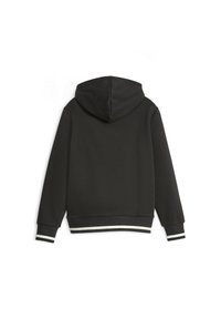 Sudadera con capucha negra de textura suave, con rayas blancas en contraste en los puños y el dobladillo. Vista trasera mostrada.
