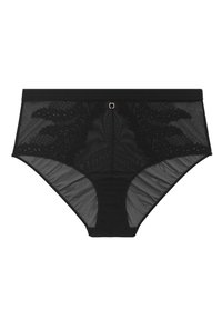 Schwarze hochgeschnittene Panties aus transparentem Netzmaterial. Dekoratives Spitzenmuster auf der Vorderseite und ein goldfarbener Hardware-Akzent in der Mitte.