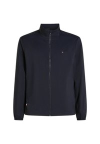 Giacca zip-up blu navy con collo alto, realizzata in tessuto liscio. Presenta polsini elastici e un piccolo logo sul lato sinistro del petto.