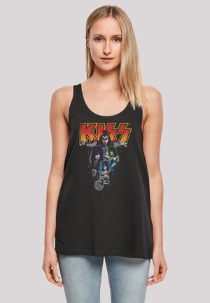 Black cotton tank top featuring a colorful "KISS" graphic print with band members and a guitar design. Round neckline and sleeveless cut.