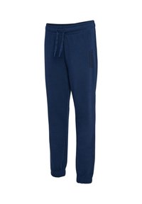 Pantalon de survêtement bleu marine en tissu doux, doté d'une ceinture élastique avec cordons de serrage et de poignets resserrés. Comprend un détail de logo discret.