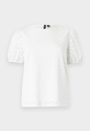 Άσπρο μπλουζάκι με κοντά μανίκια με φουσκωτά μανίκια και σχέδιο με άνοιγμα ματιών σε σχήμα ψαροκόκκαλου, στρογγυλή λαιμόκοψη και ελαστικά τελειώματα στα μανίκια.