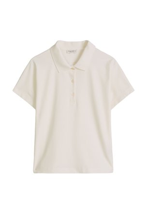 Weißes kurzärmeliges Poloshirt mit Kragen und drei Knöpfen vorne, vor einem einfarbigen Hintergrund präsentiert.