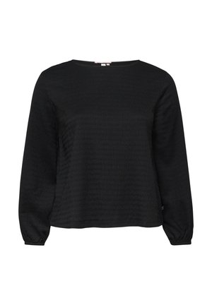 Zwarte blouse met lange mouwen van gestructureerde stof, ronde halslijn en elastische manchetten, afgebeeld tegen een effen witte achtergrond.